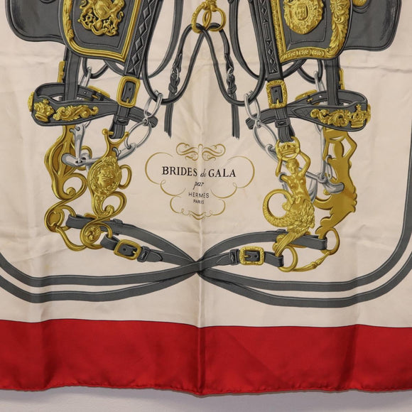 HERMES Carre 90 Scarf Silk Beige Red Auth 186940