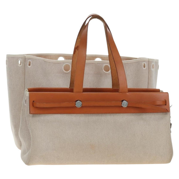 HERMES Her Bag Tote Bag Canvas Beige Brown Auth 186943V