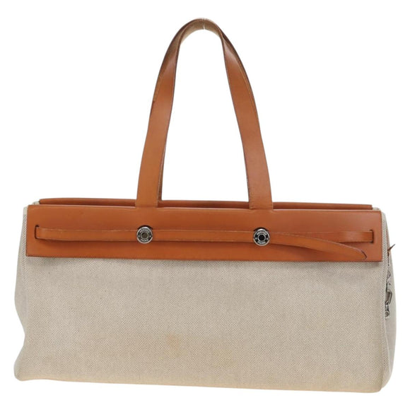 HERMES Her Bag Tote Bag Canvas Beige Brown Auth 186943V