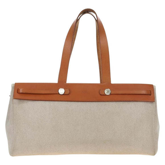 HERMES Her Bag Tote Bag Canvas Beige Brown Auth 186943V