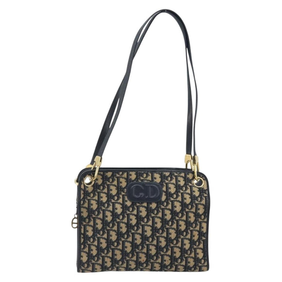 Christian Dior Trotter Canvas Shoulder Bag Navy Gold Auth 186959A