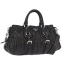 PRADA Gathered Hand Bag Lamb Skin 2way Black Silver Auth 187035SAV-1