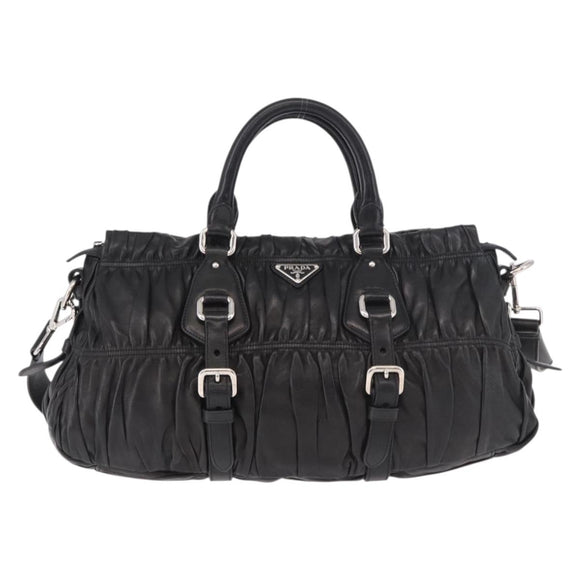 PRADA Gathered Hand Bag Lamb Skin 2way Black Silver Auth 187035SAV