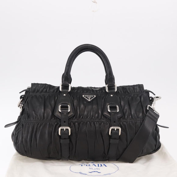 PRADA Gathered Hand Bag Lamb Skin 2way Black Silver Auth 187035SAV