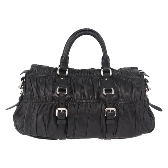 PRADA Gathered Hand Bag Lamb Skin 2way Black Silver Auth 187035SAV