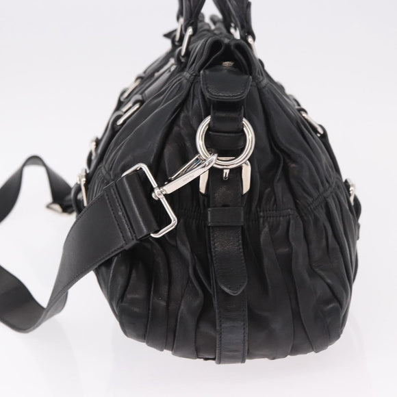 PRADA Gathered Hand Bag Lamb Skin 2way Black Silver Auth 187035SAV
