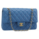 CHANEL Chain Double Flap Matelasse 25 Bag Lamb Skin Blue Gold CC Auth 187037SAM-1