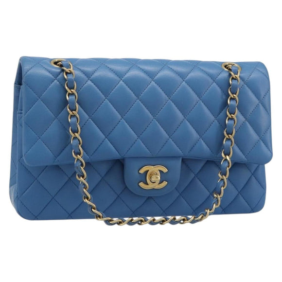 CHANEL Chain Double Flap Matelasse 25 Bag Lamb Skin Blue Gold CC Auth 187037SAM