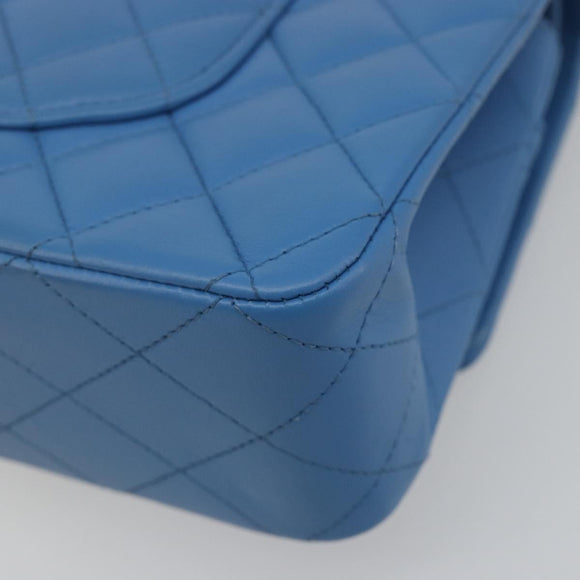 CHANEL Chain Double Flap Matelasse 25 Bag Lamb Skin Blue Gold CC Auth 187037SAM