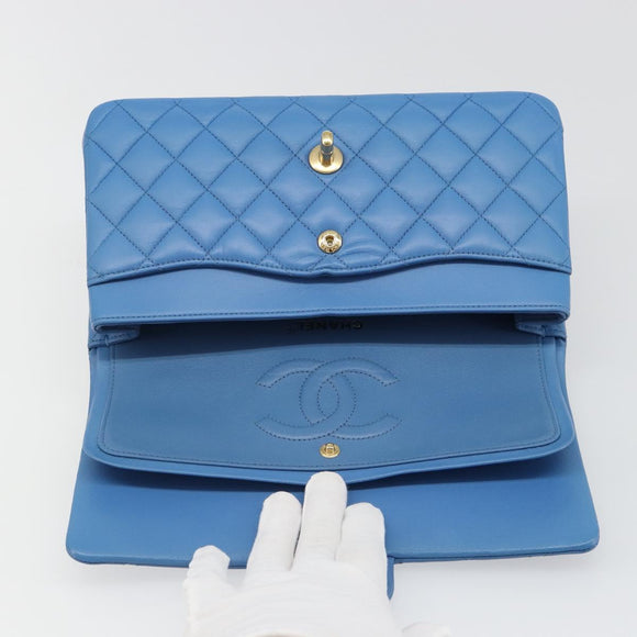 CHANEL Chain Double Flap Matelasse 25 Bag Lamb Skin Blue Gold CC Auth 187037SAM