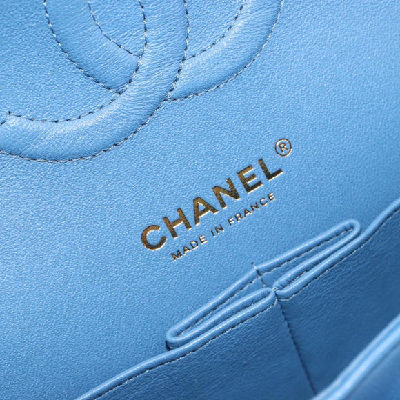 CHANEL Chain Double Flap Matelasse 25 Bag Lamb Skin Blue Gold CC Auth 187037SAM