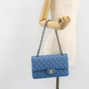CHANEL Chain Double Flap Matelasse 25 Bag Lamb Skin Blue Gold CC Auth 187037SAM-30