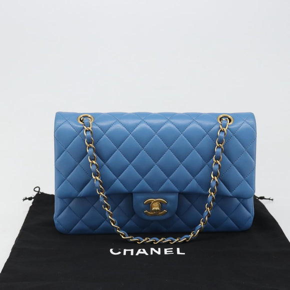 CHANEL Chain Double Flap Matelasse 25 Bag Lamb Skin Blue Gold CC Auth 187037SAM