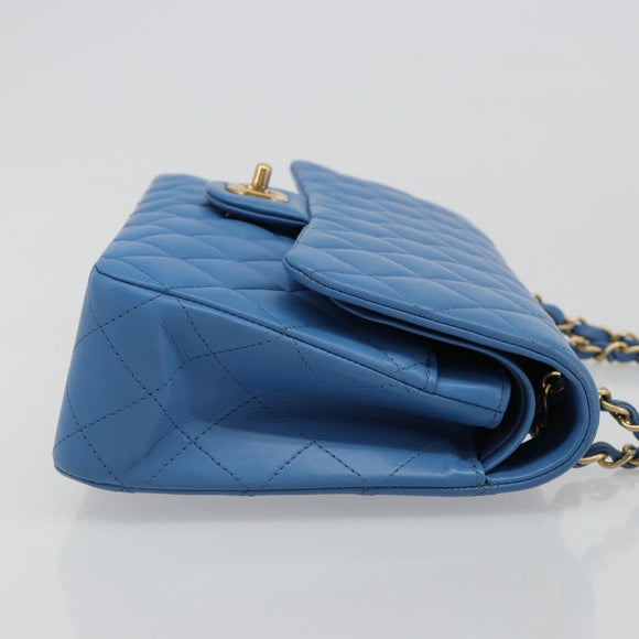 CHANEL Chain Double Flap Matelasse 25 Bag Lamb Skin Blue Gold CC Auth 187037SAM