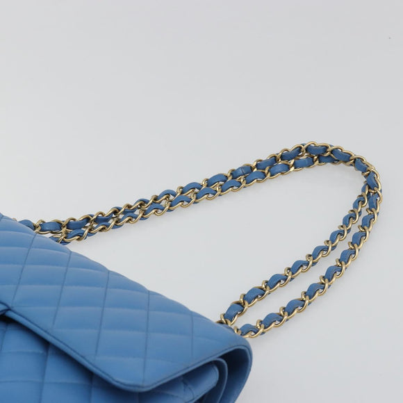 CHANEL Chain Double Flap Matelasse 25 Bag Lamb Skin Blue Gold CC Auth 187037SAM
