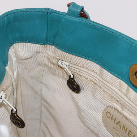 CHANEL Tote Bag met Schildpadmotief Ketting Lamshuid Turkoois Blauw CC Auth 187038A