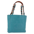 CHANEL Tote Bag met Schildpadmotief Ketting Lamshuid Turkoois Blauw CC Auth 187038A-1