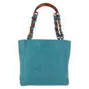 CHANEL Tote Bag met Schildpadmotief Ketting Lamshuid Turkoois Blauw CC Auth 187038A-2