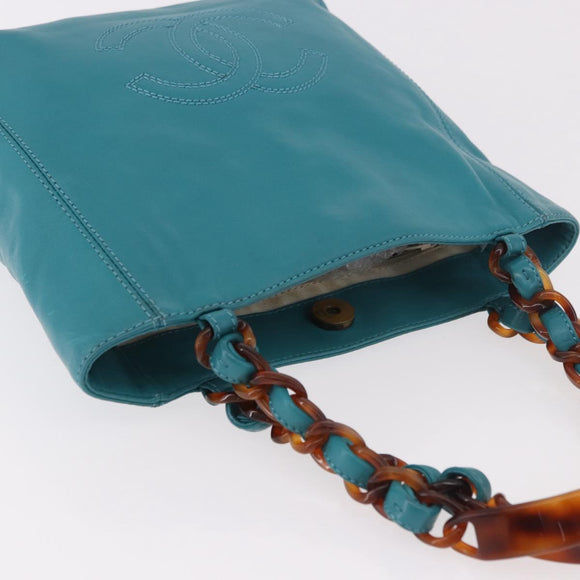 CHANEL Tote Bag met Schildpadmotief Ketting Lamshuid Turkoois Blauw CC Auth 187038A