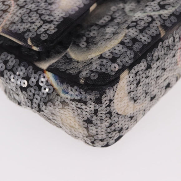 CHANEL Double Flap Chain Space Pattern Bag Canvas Black Silver CC Auth 187039SAM
