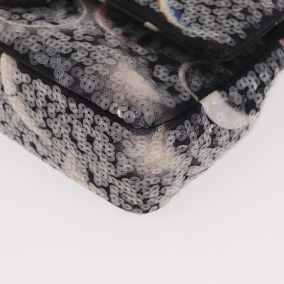 CHANEL Double Flap Chain Space Pattern Bag Canvas Black Silver CC Auth 187039SAM