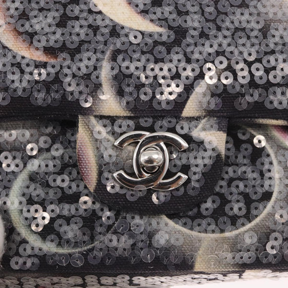 CHANEL Double Flap Chain Space Pattern Bag Canvas Black Silver CC Auth 187039SAM