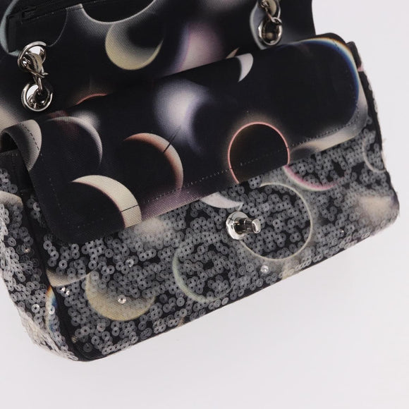 CHANEL Double Flap Chain Space Pattern Bag Canvas Black Silver CC Auth 187039SAM