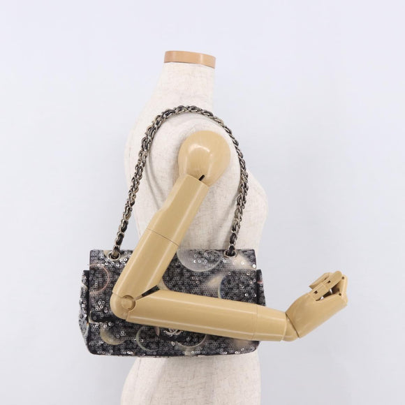 CHANEL Double Flap Chain Space Pattern Bag Canvas Black Silver CC Auth 187039SAM