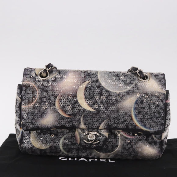 CHANEL Double Flap Chain Space Pattern Bag Canvas Black Silver CC Auth 187039SAM