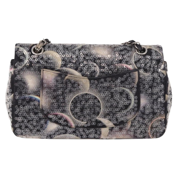 CHANEL Double Flap Chain Space Pattern Bag Canvas Black Silver CC Auth 187039SAM