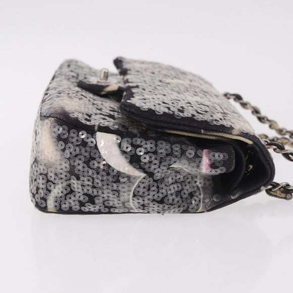 CHANEL Double Flap Chain Space Pattern Bag Canvas Black Silver CC Auth 187039SAM