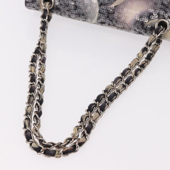 CHANEL Double Flap Chain Space Pattern Bag Canvas Black Silver CC Auth 187039SAM