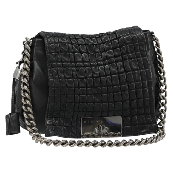 CELINE Chain Shoulder Bag Leather Black Silver Auth 187041SAV