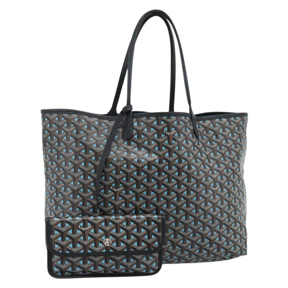 GOYARD Herringbone Saint Louis PM Tote Bag PVC Turquoise Blue Silver Auth 187046
