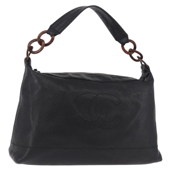 CHANEL Chain Shoulder Bag Caviar Skin Black Gold CC Auth 187048SAV