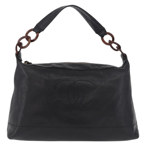 CHANEL Chain Shoulder Bag Caviar Skin Black Gold CC Auth 187048SAV