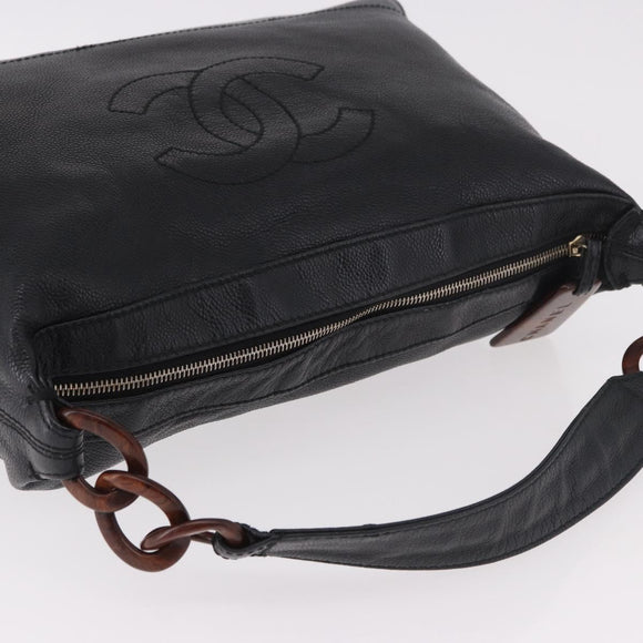 CHANEL Chain Shoulder Bag Caviar Skin Black Gold CC Auth 187048SAV