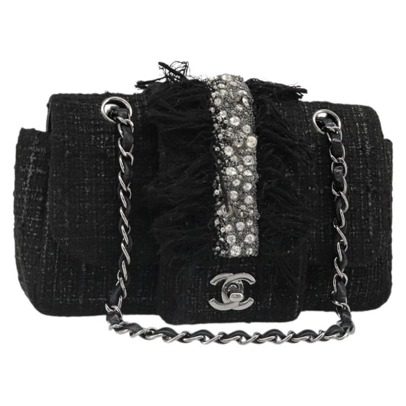 CHANEL Chain Shoulder Bag Tweed Silver Black CC Auth 187052SAM