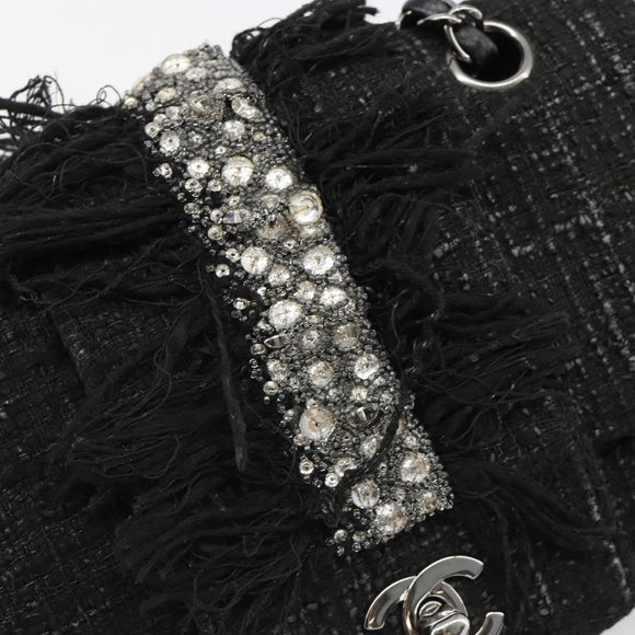 CHANEL Chain Shoulder Bag Tweed Silver Black CC Auth 187052SAM
