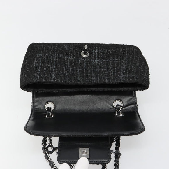 CHANEL Chain Shoulder Bag Tweed Silver Black CC Auth 187052SAM