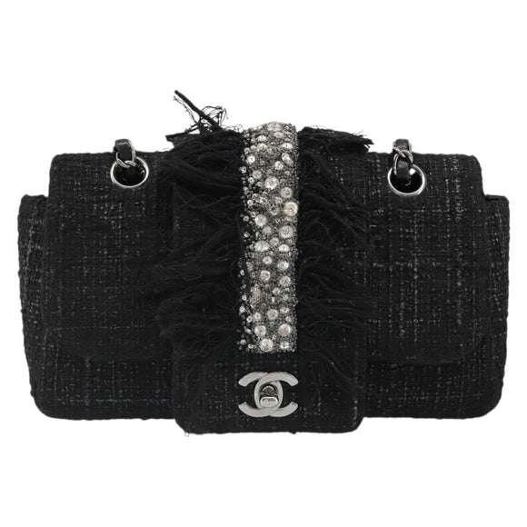 CHANEL Chain Shoulder Bag Tweed Silver Black CC Auth 187052SAM