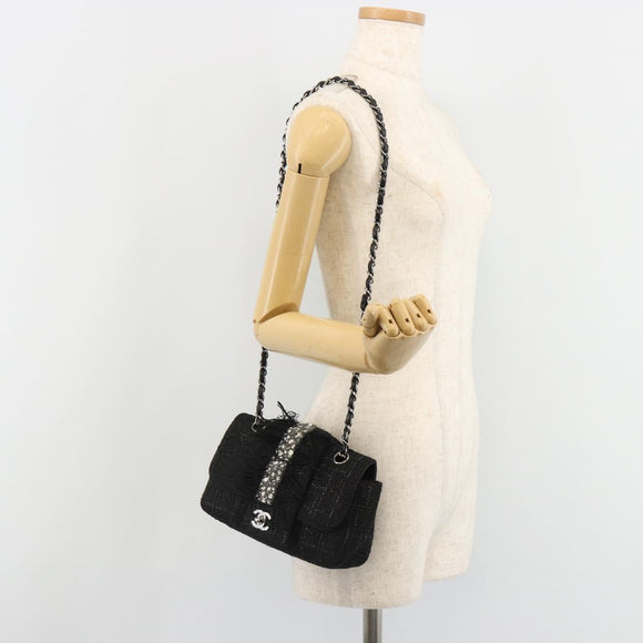 CHANEL Chain Shoulder Bag Tweed Silver Black CC Auth 187052SAM