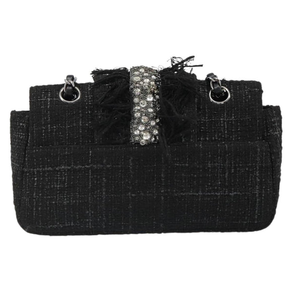 CHANEL Chain Shoulder Bag Tweed Silver Black CC Auth 187052SAM