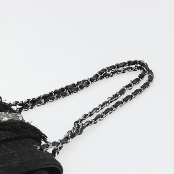 CHANEL Chain Shoulder Bag Tweed Silver Black CC Auth 187052SAM