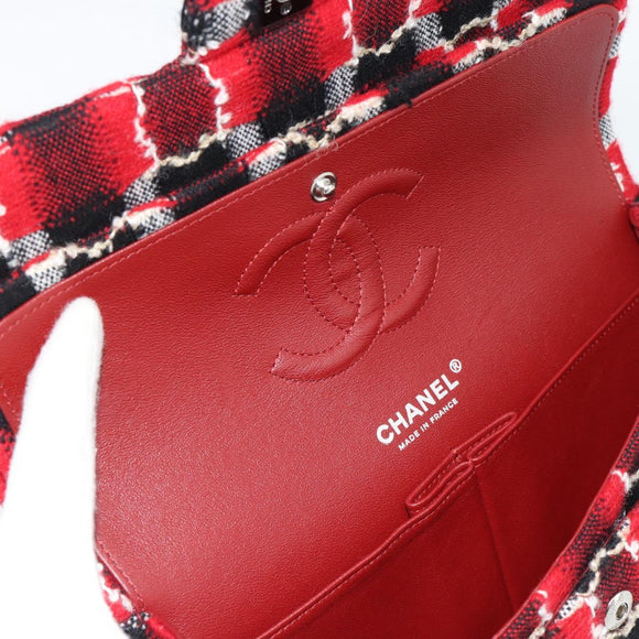 CHANEL Matelasse25 Double Flap Chain Bag Tweed Red Silver CC Auth 187053SAM