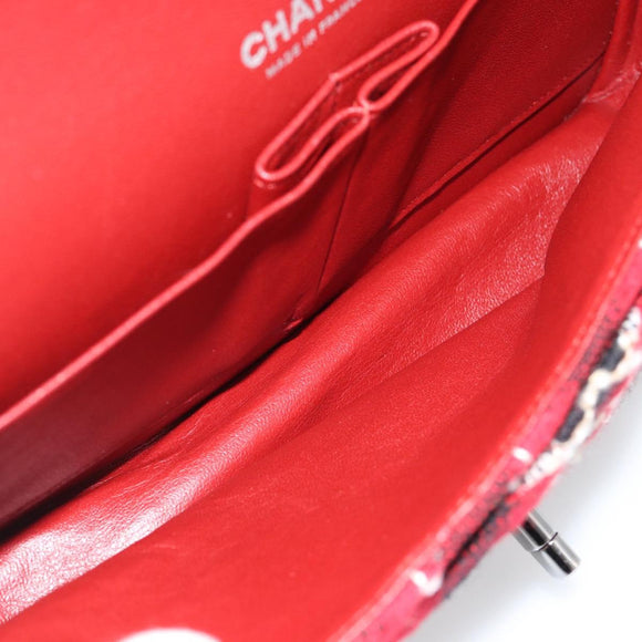 CHANEL Matelasse25 Double Flap Chain Bag Tweed Red Silver CC Auth 187053SAM