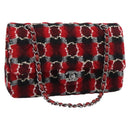 CHANEL Matelasse25 Double Flap Chain Bag Tweed Red Silver CC Auth 187053SAM-1