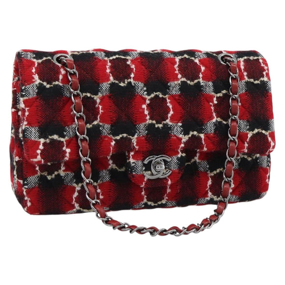 CHANEL Matelasse25 Double Flap Chain Bag Tweed Red Silver CC Auth 187053SAM