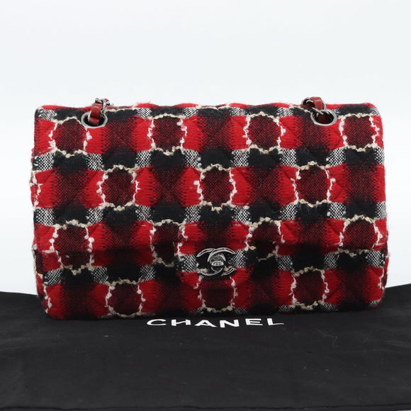 CHANEL Matelasse25 Double Flap Chain Bag Tweed Red Silver CC Auth 187053SAM