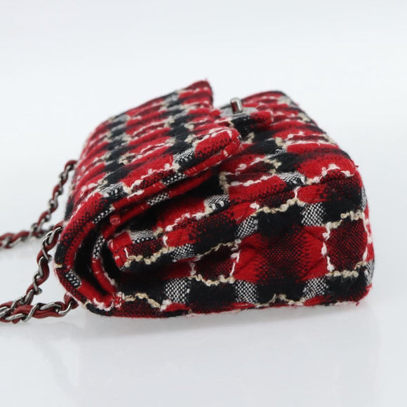 CHANEL Matelasse25 Double Flap Chain Bag Tweed Red Silver CC Auth 187053SAM